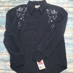 Black Casual Lady's Button Down Shirt with Embroidery Western Equestrian Ranch